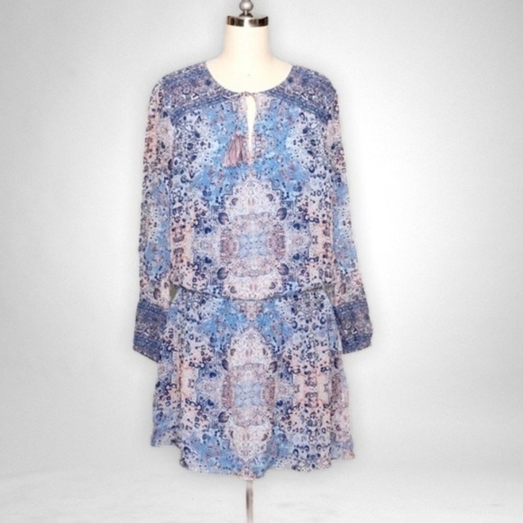 Joie Aidee Blue Printed Silk Chiffon Long Sleeve Mini Dress Medium - Picture 3 of 8